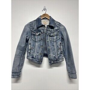Lost Womens Jacket Size XS‎ Factory Distressed Blue Denim Buttons Embroidery